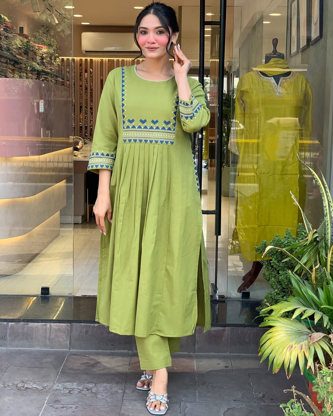 🌿 Olive Green Cotton Blend Kurta Pant Set with Blue Geometric Embroidery – Everyday Ethnic Wear for Women