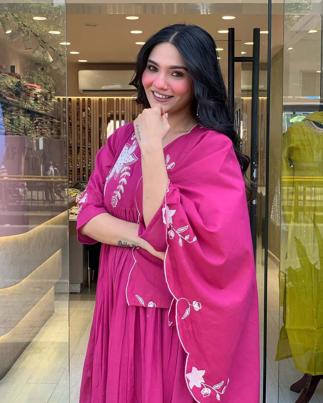 🌸 Magenta Bloom Embroidered Flared Kurta Set with Dupatta & Pants