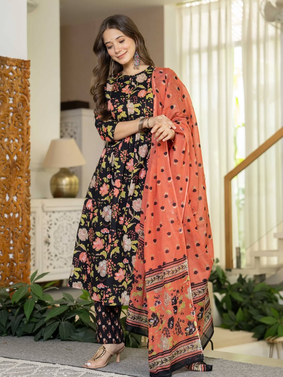 🖤 Black Floral Printed Straight Kurta Set with Rust Orange Dupatta – Stitched Ethnic Wear for Women
