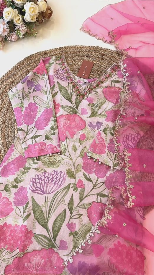 Pink Floral Embroider with Mirror Work Chinnon Angarkha Suit Set