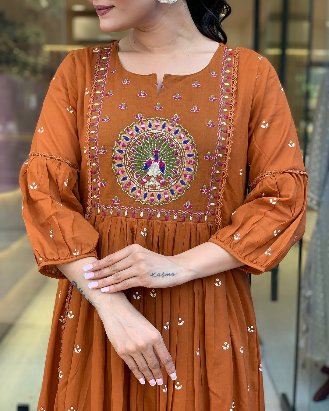🌟 Rust Orange Mirror Embroidered Flared Kurta Set with Dupatta & Pants