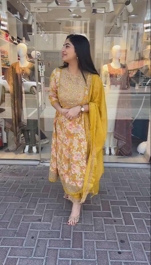 Yellow Color Floral Embroidered Sequinned Straight Kurta With Trousers & Dupatta