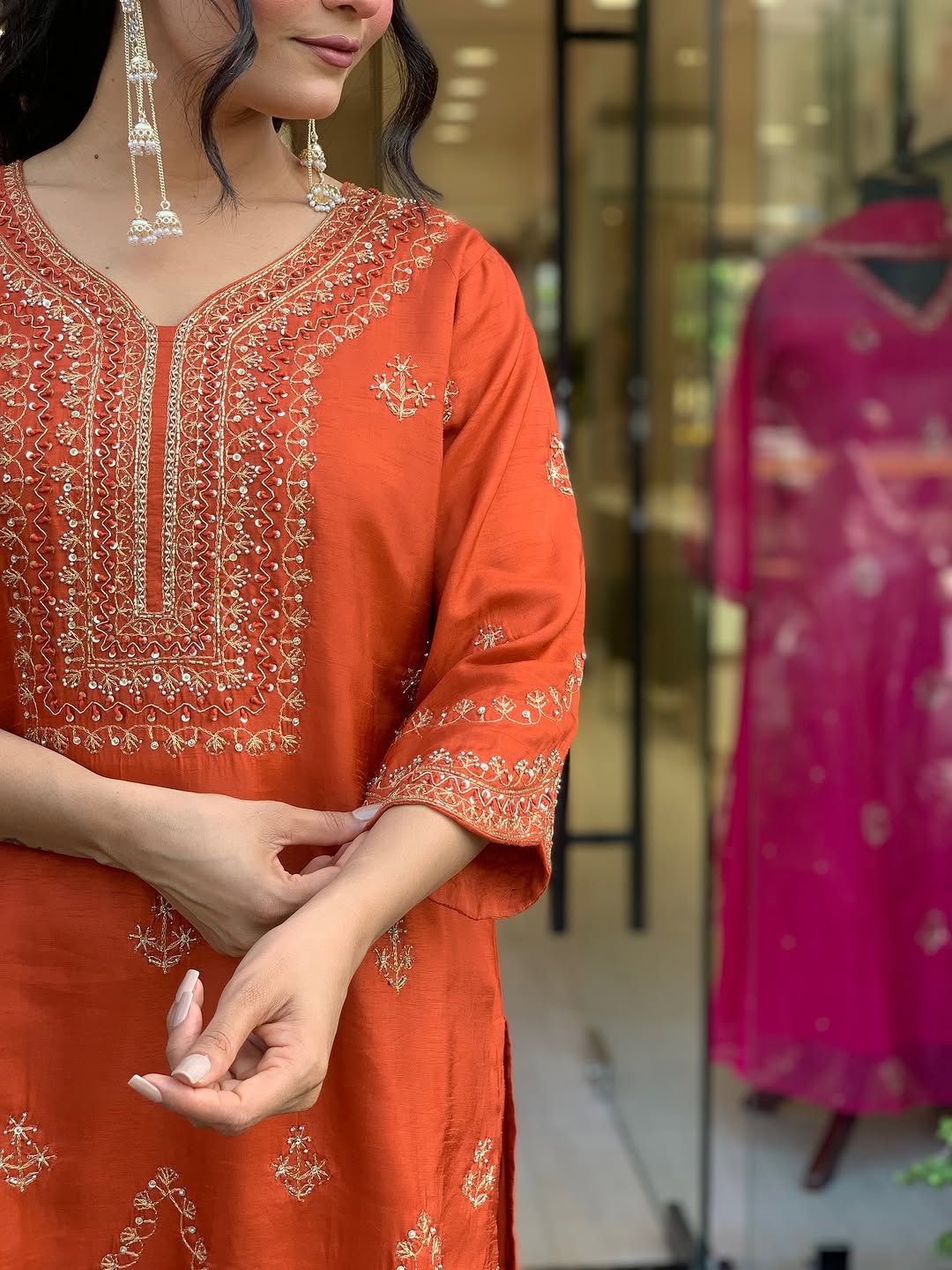 🧡 Burnt Orange Embroidered Kurta Set with Scallop Detailing & Dupatta