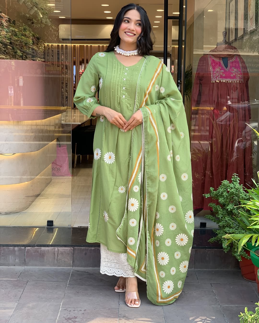 🌿 Pastel Green Daisy Embroidered Kurta Set with Dupatta & Crochet Hem Palazzo