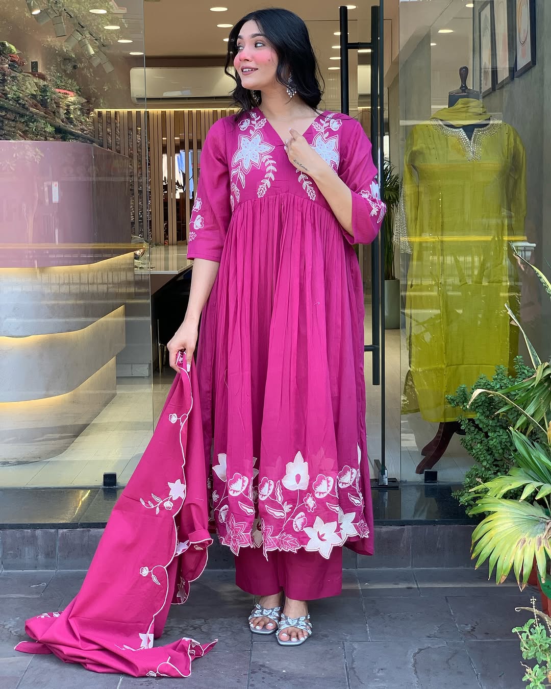🌸 Magenta Bloom Embroidered Flared Kurta Set with Dupatta & Pants