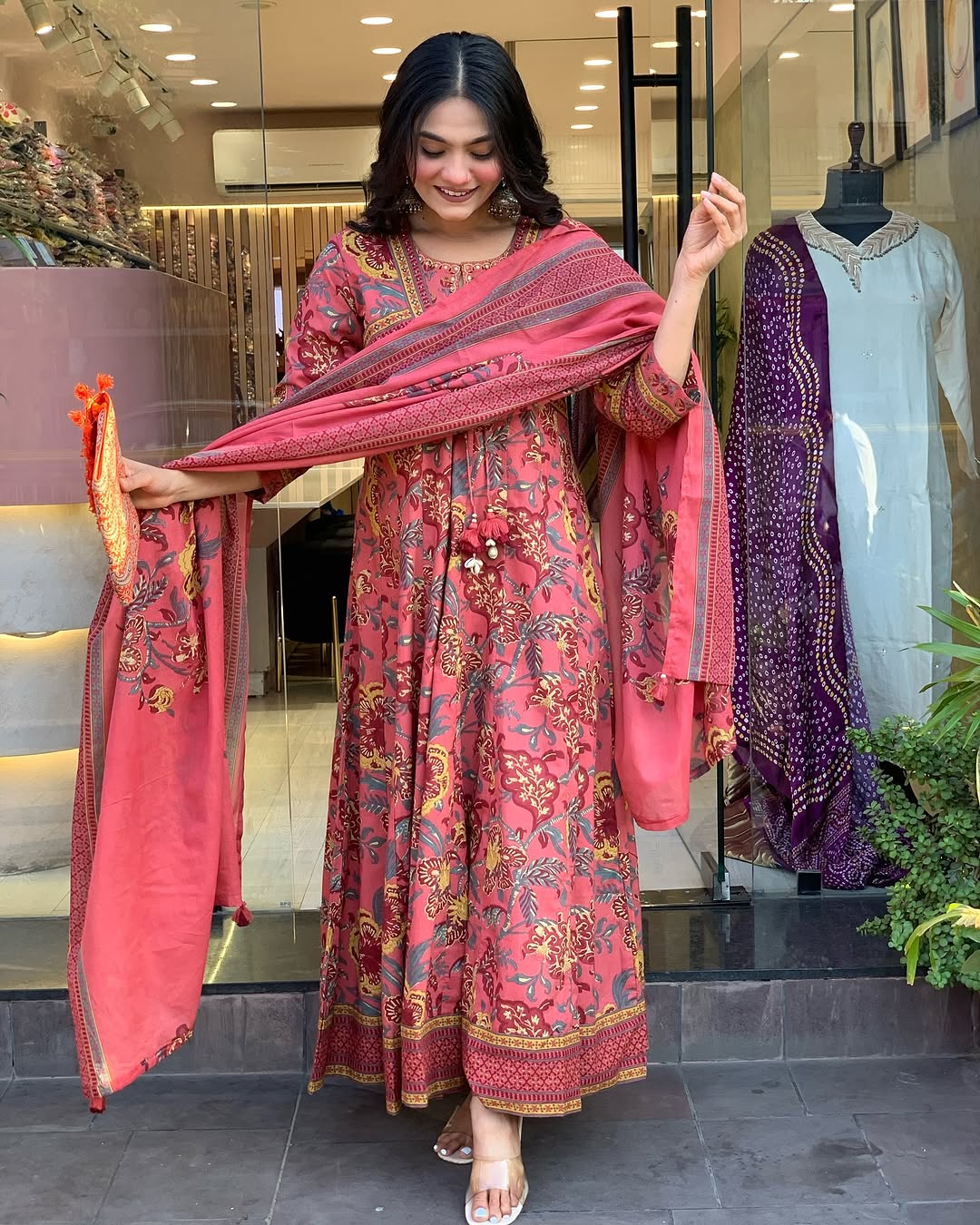 🌺 Rust Pink Floral Printed Cotton Anarkali Kurta Set with Dupatta – Traditional Festive Wear for Women