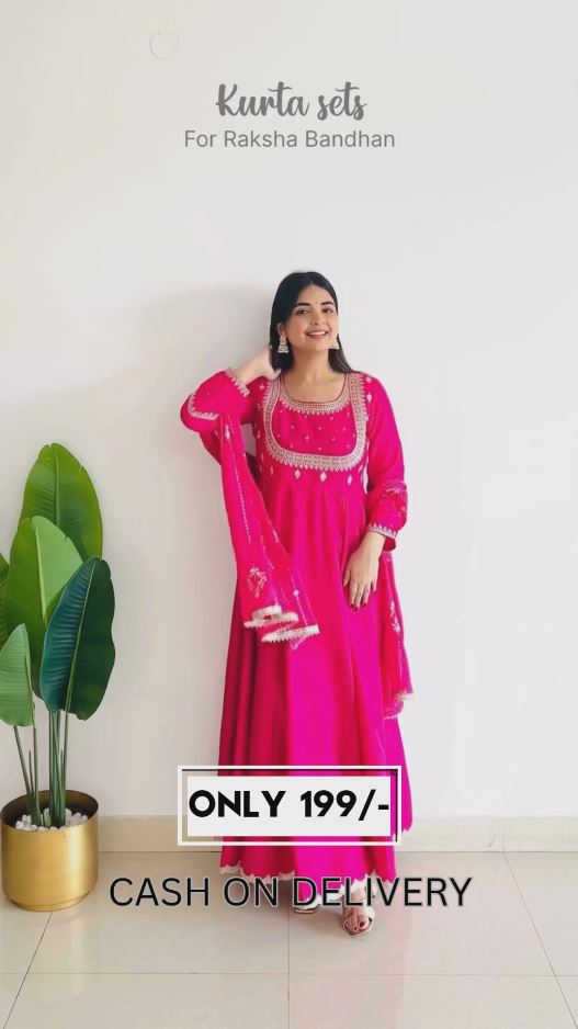 Fuchsia Pink Flared Kurta Set with Mirror Work Yoke | Ethnic Festive Style | ₹199 Only