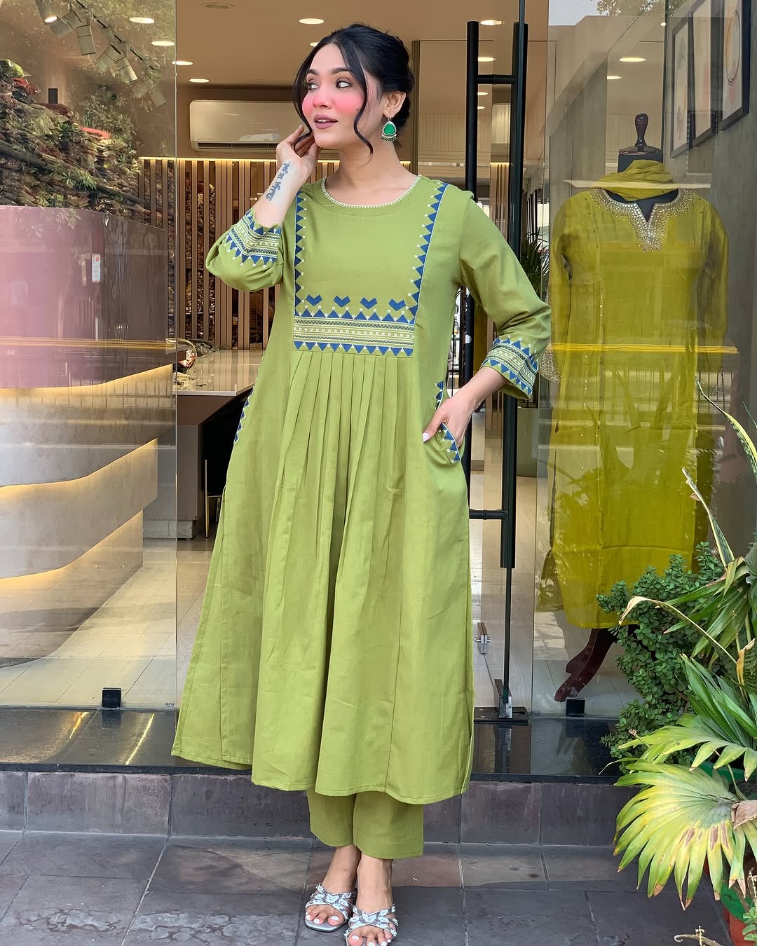 🌿 Olive Green Cotton Blend Kurta Pant Set with Blue Geometric Embroidery – Everyday Ethnic Wear for Women