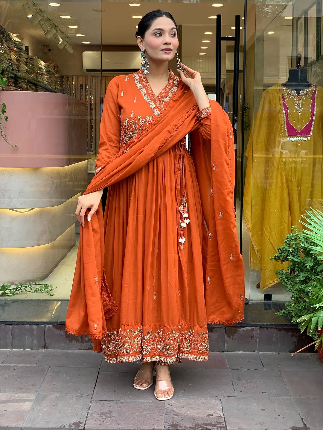 🧡 Rust Orange Georgette Anarkali Kurta Set with Golden Embroidery & Dupatta – Festive Wear for Women