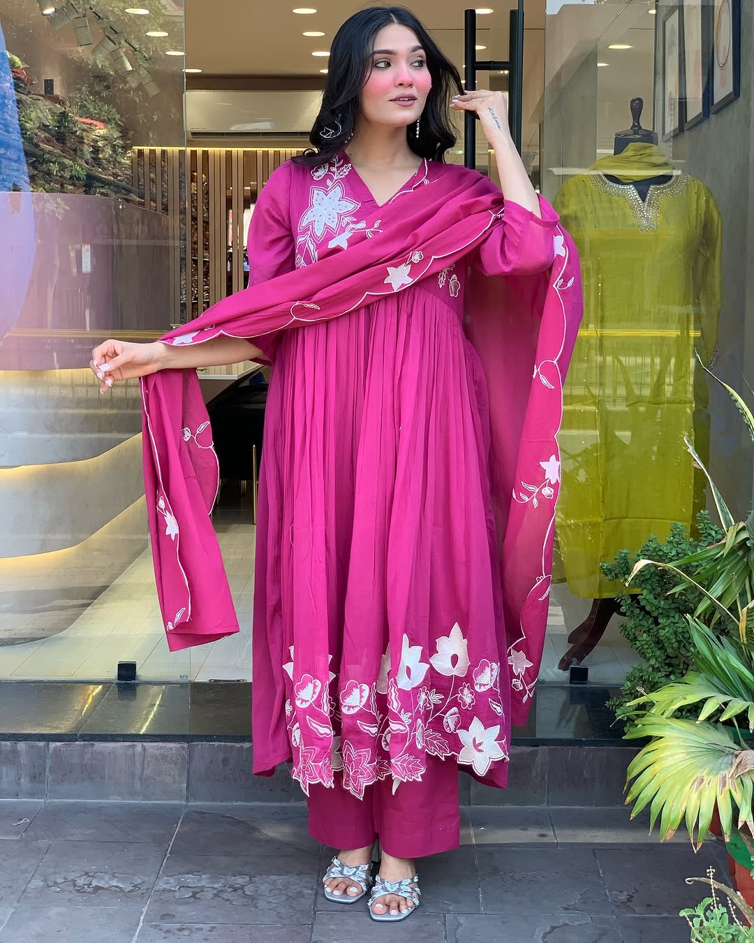 🌸 Magenta Bloom Embroidered Flared Kurta Set with Dupatta & Pants