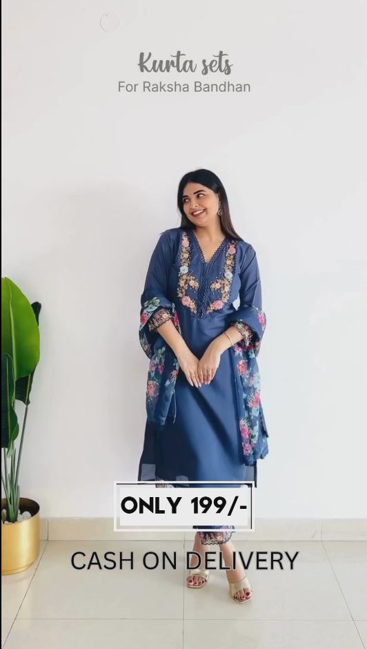 Navy Blue Floral Embroidered Kurta Set with Chiffon Dupatta | Festive & Elegant | ₹199 Only