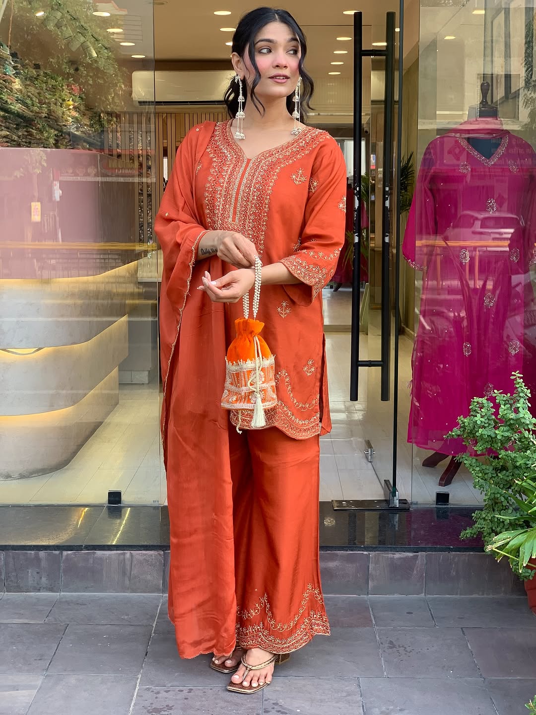 🧡 Burnt Orange Embroidered Kurta Set with Scallop Detailing & Dupatta