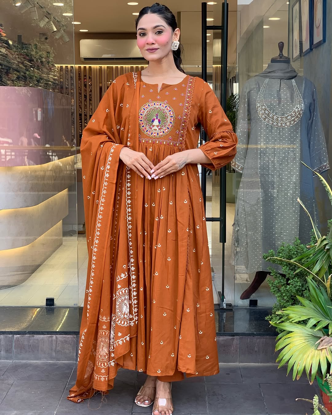 🌟 Rust Orange Mirror Embroidered Flared Kurta Set with Dupatta & Pants