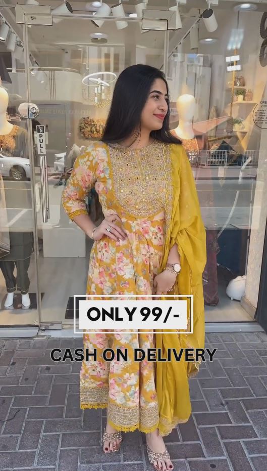 Yellow Color Floral Embroidered Sequinned Straight Kurta With Trousers & Dupatta