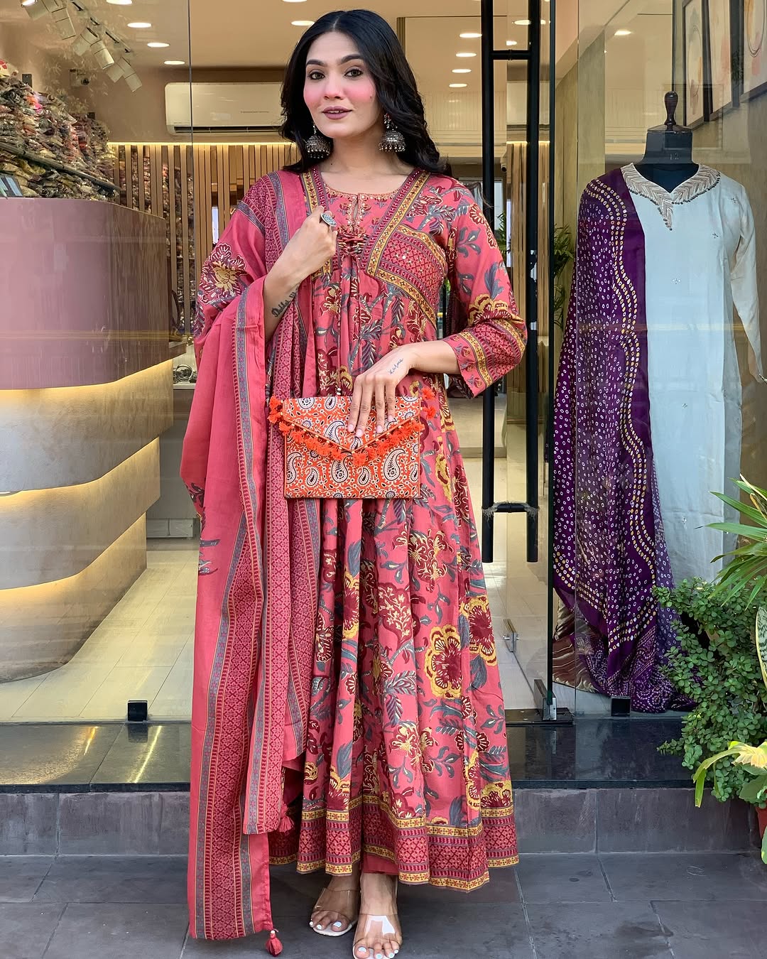 🌺 Rust Pink Floral Printed Cotton Anarkali Kurta Set with Dupatta – Traditional Festive Wear for Women