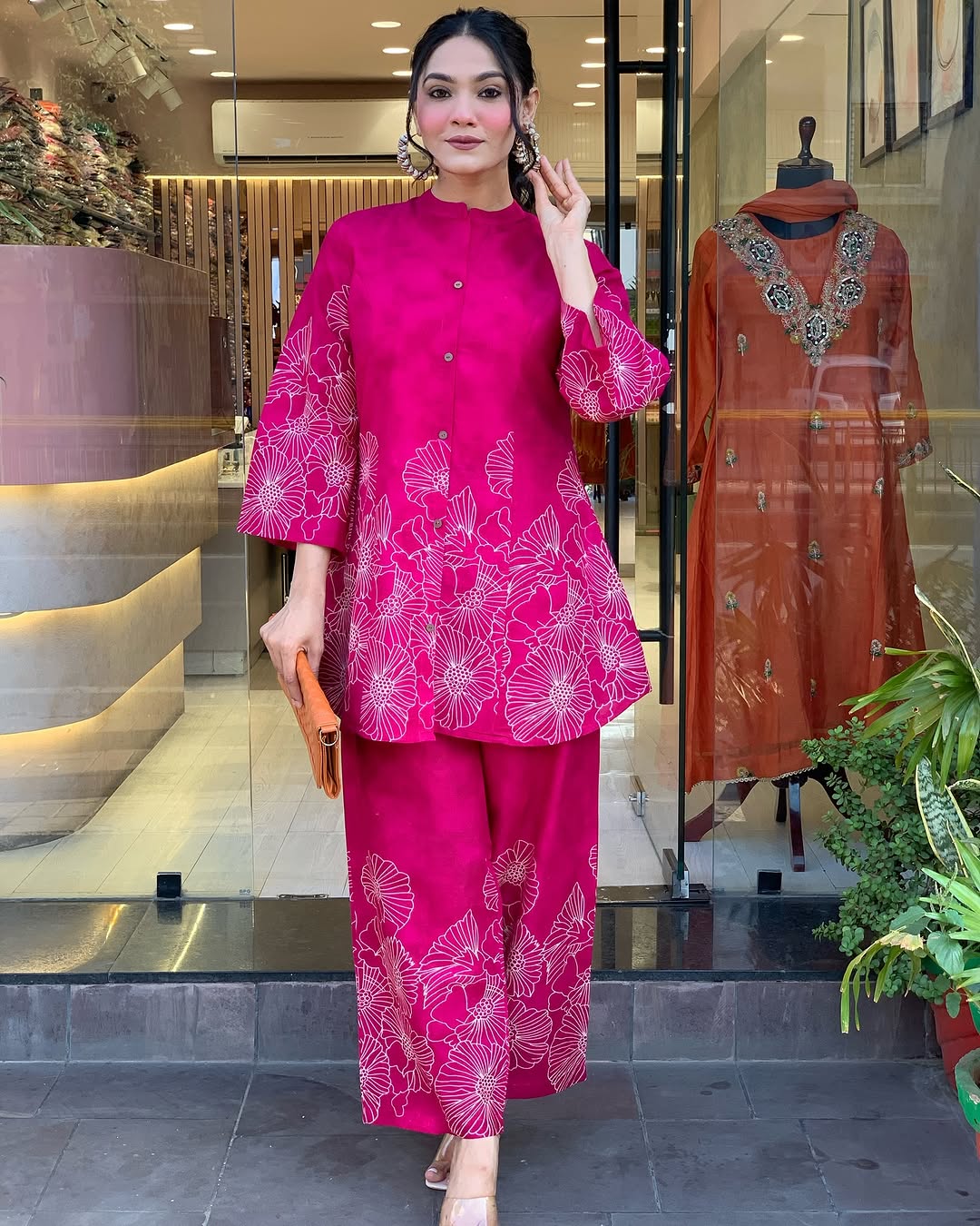 🌸 Hot Pink Floral Printed Co-Ord Set for Women – Trendy Indo-Western Style