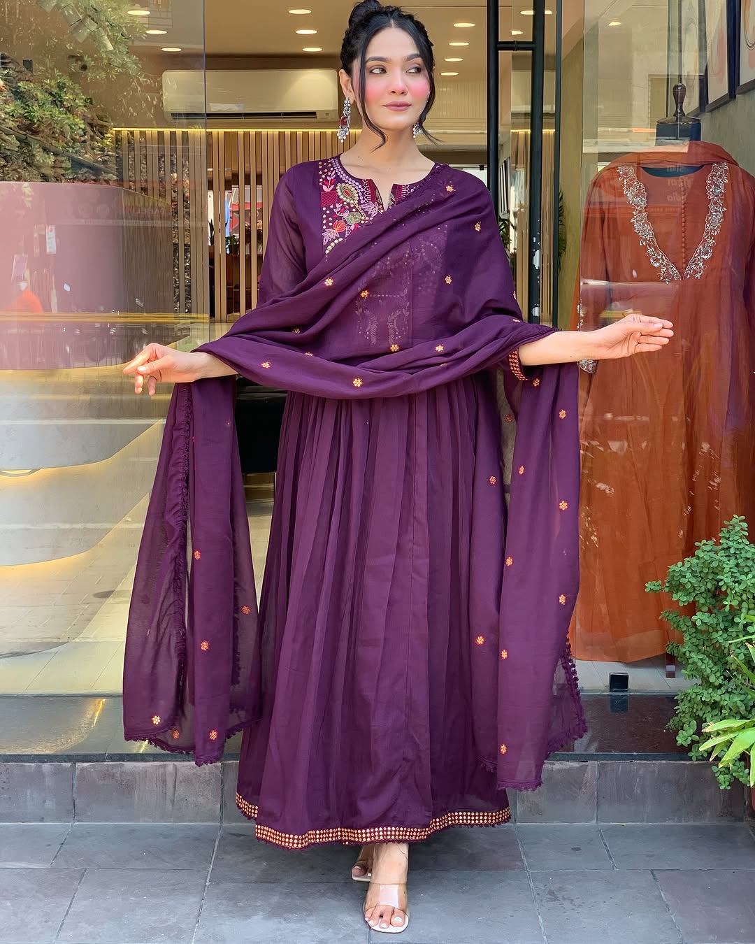 💜 Plum Purple Embroidered Anarkali Kurta Set with Sequin Work & Dupatta