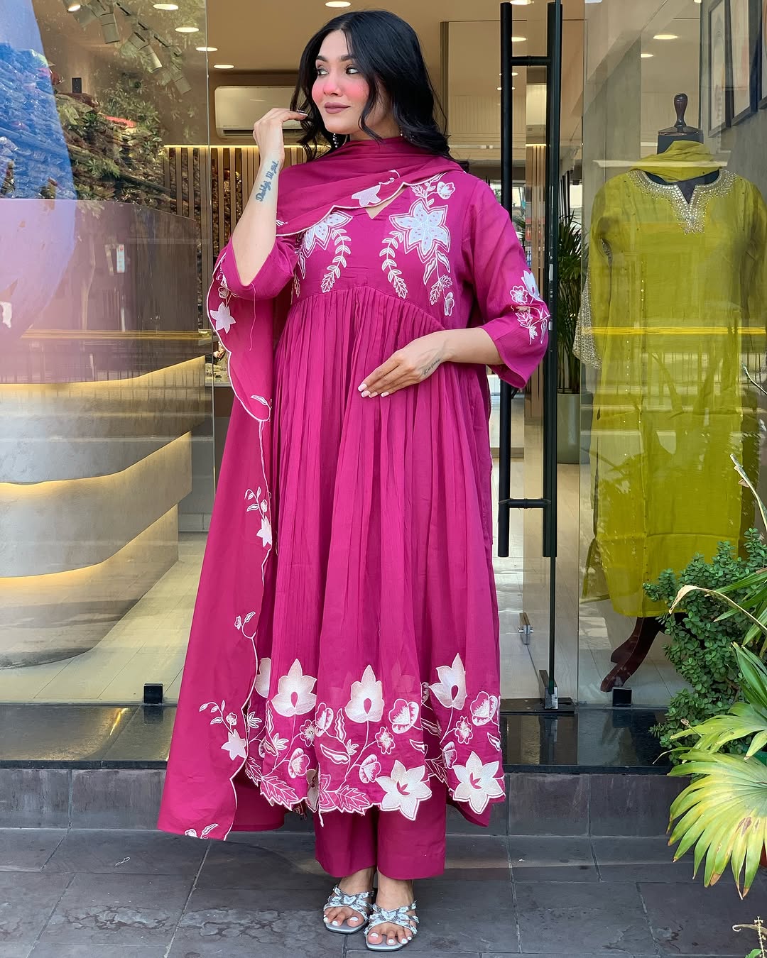 🌸 Magenta Bloom Embroidered Flared Kurta Set with Dupatta & Pants