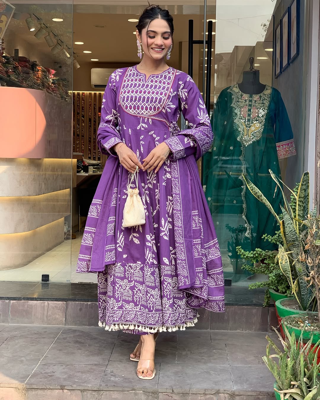 💜 Royal Purple Handblock Print Anarkali Set with Dupatta – Ethnic Grace