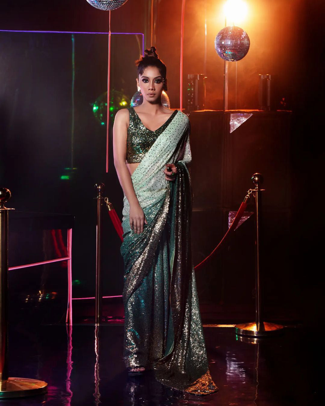 Green Color Sequence Double Shade Work Saree