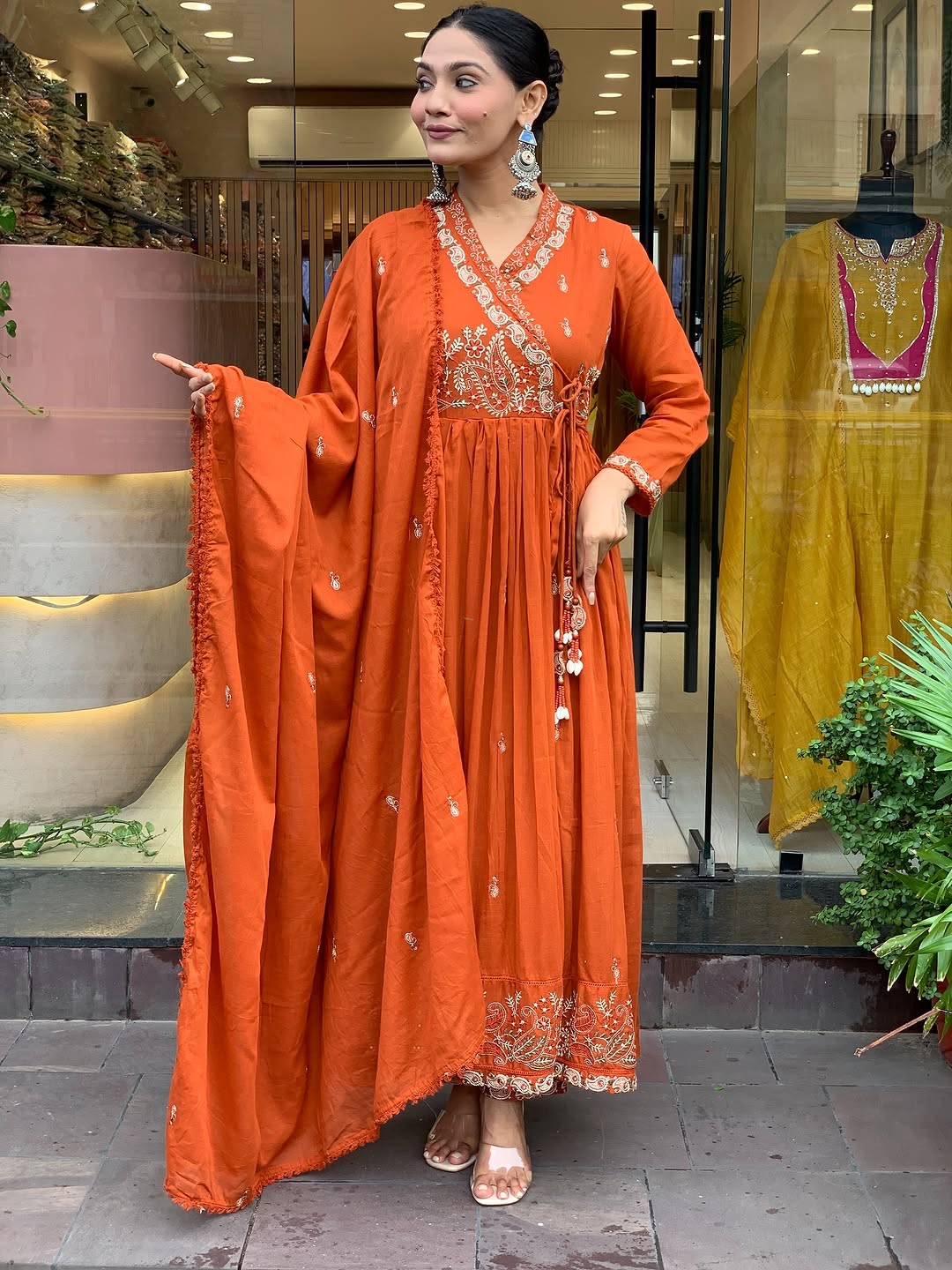 🧡 Rust Orange Georgette Anarkali Kurta Set with Golden Embroidery & Dupatta – Festive Wear for Women