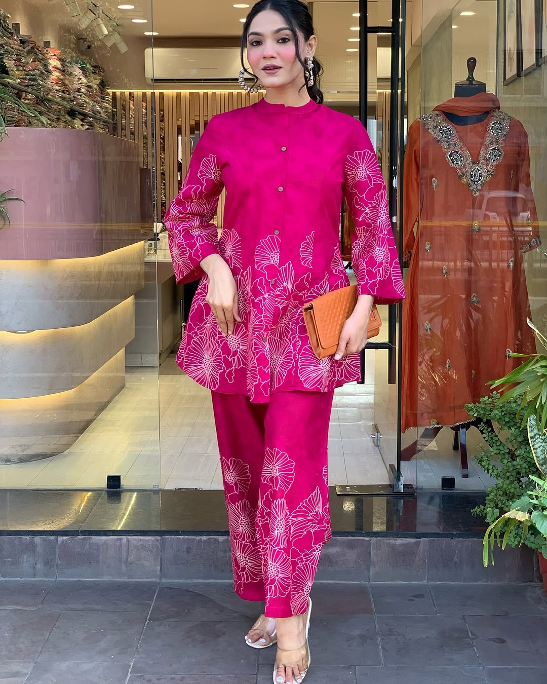 🌸 Hot Pink Floral Printed Co-Ord Set for Women – Trendy Indo-Western Style