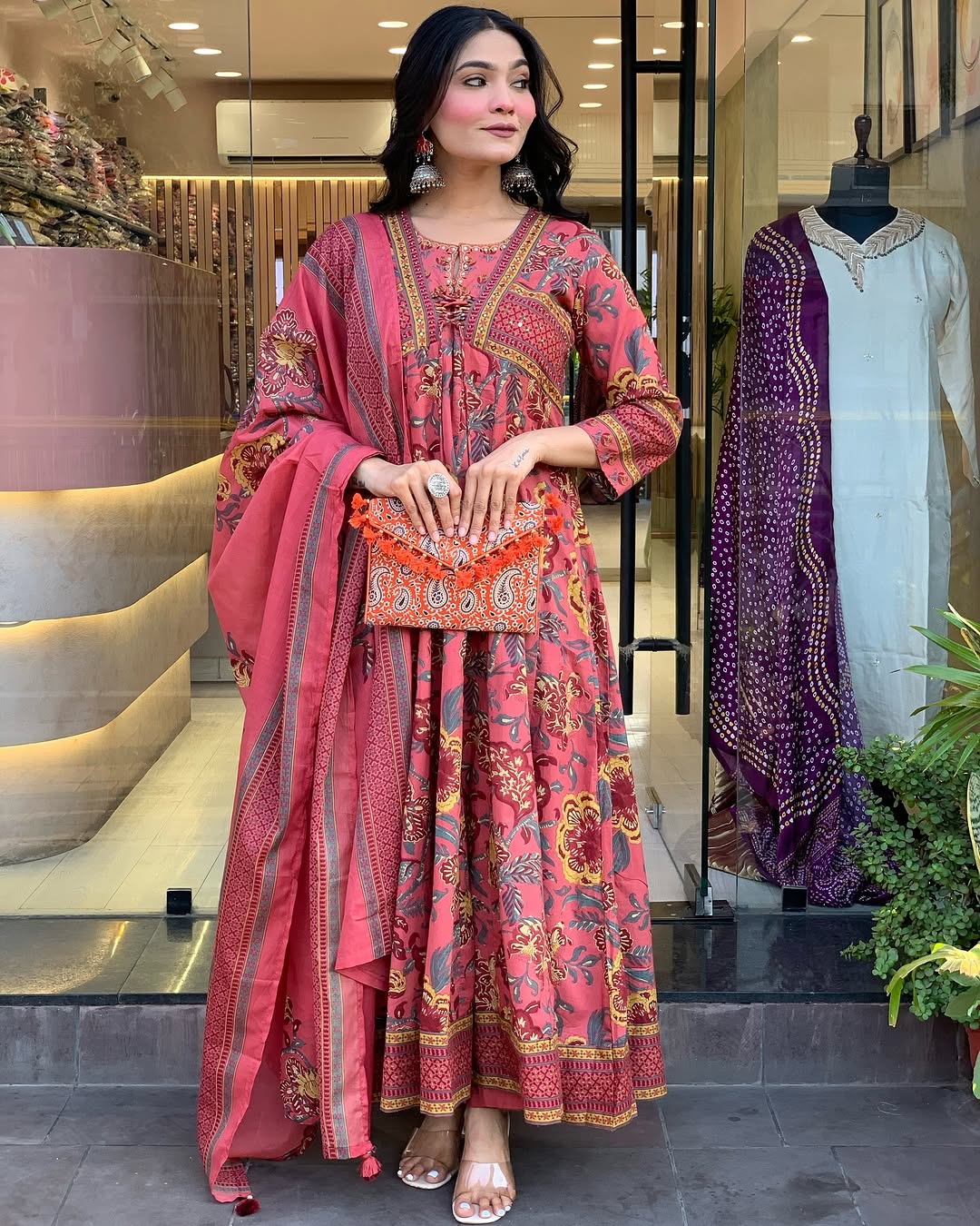 🌺 Rust Pink Floral Printed Cotton Anarkali Kurta Set with Dupatta – Traditional Festive Wear for Women