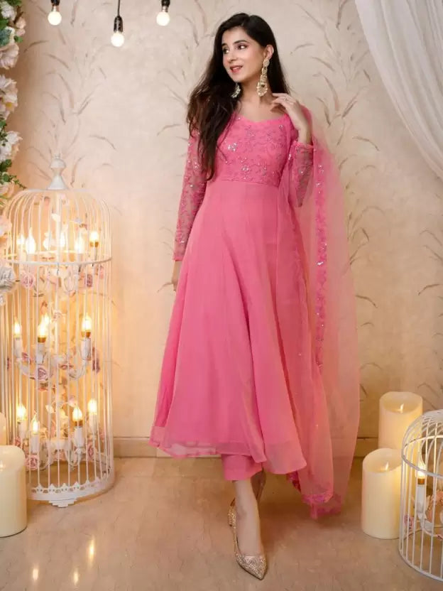 Outstanding Embroidered Georgette Stitched Anarkali Gown (Pink)