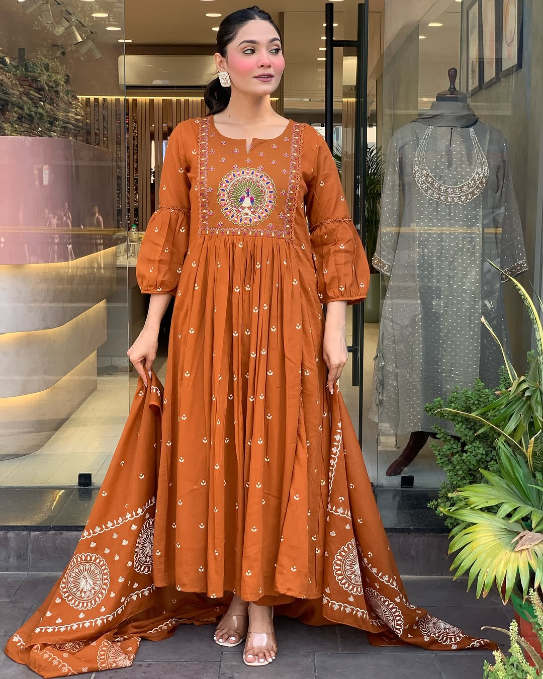 🌟 Rust Orange Mirror Embroidered Flared Kurta Set with Dupatta & Pants