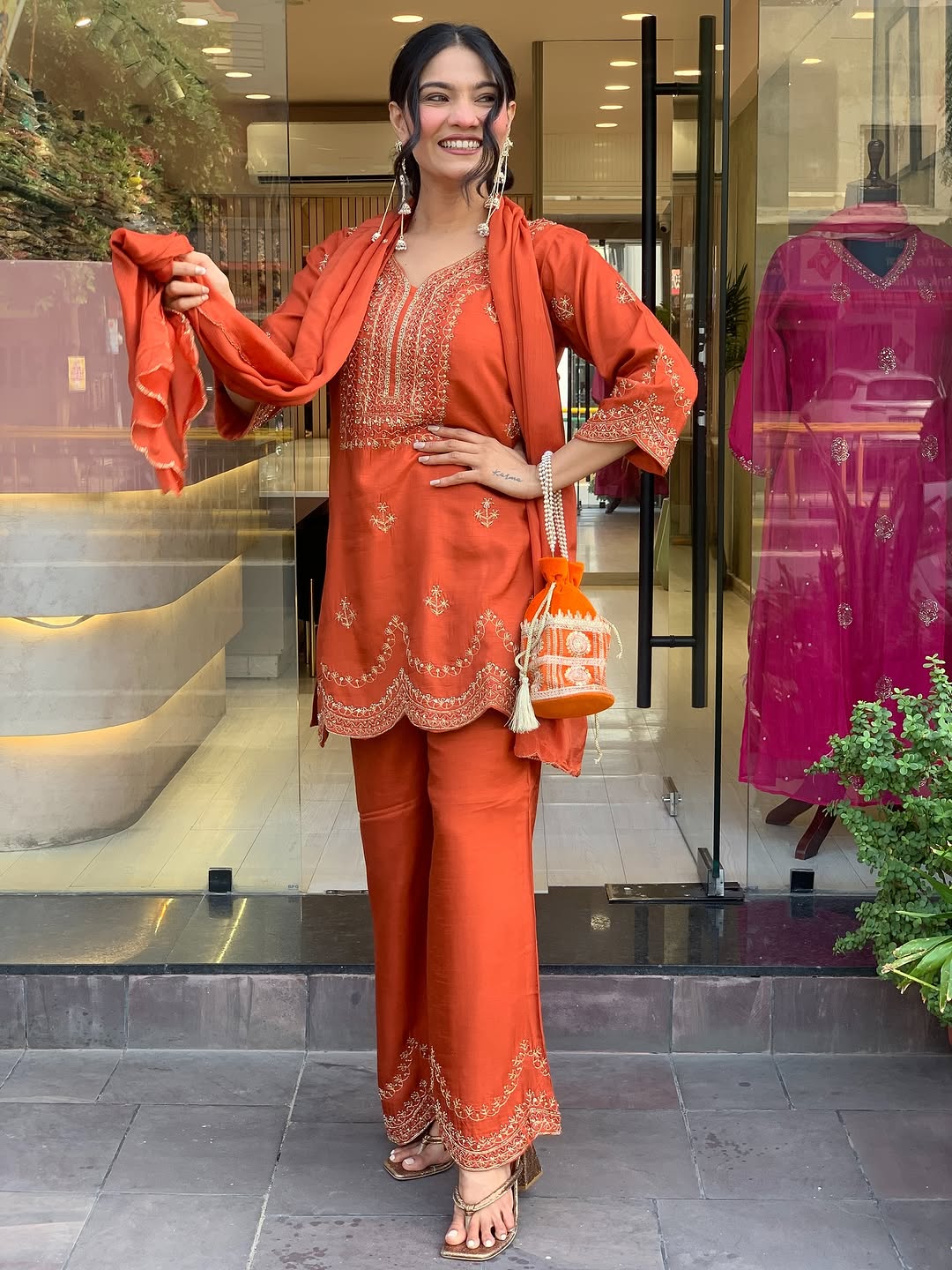 🧡 Burnt Orange Embroidered Kurta Set with Scallop Detailing & Dupatta
