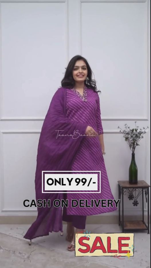 Purple Cotton Printed Kurti Pant Set With Dupatta