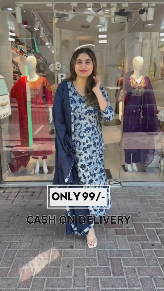 Women White & Blue Printed Pure Cotton Kurta with Trousers & Dupatta