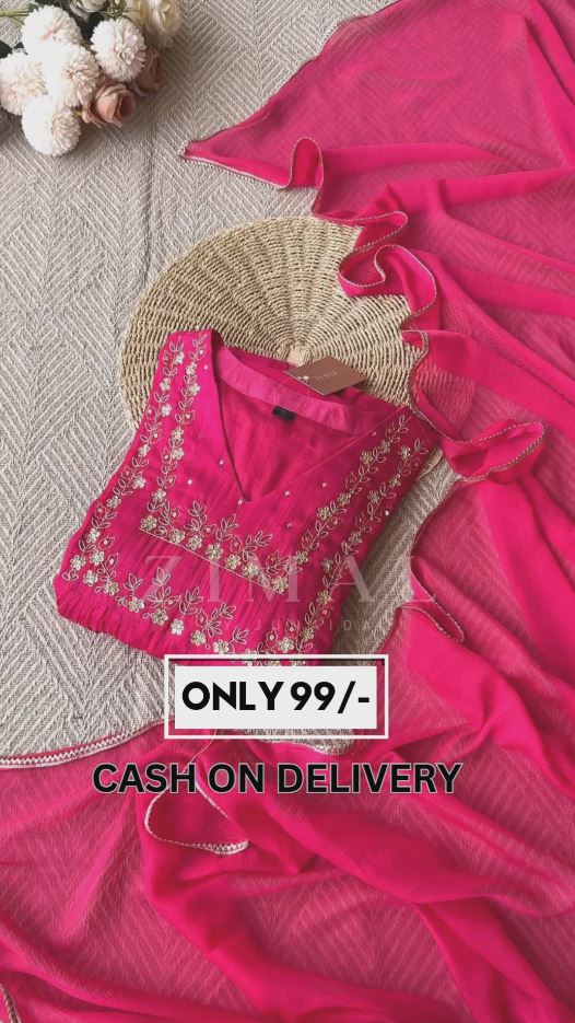 Women Fuchsia Yoke Design Pleated Mirror Work Kurta with Trousers