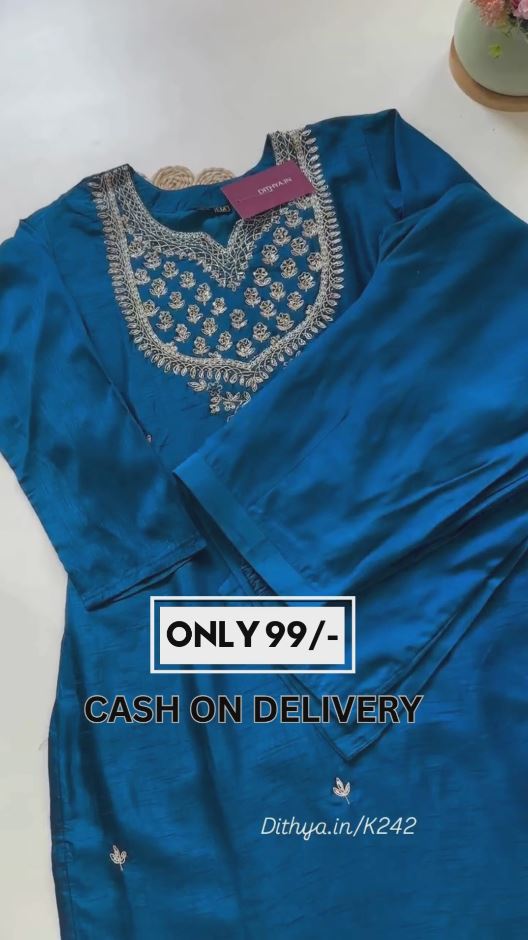 Blue Kurta Dola Silk Hand Work Bead Notched Round Set Scallop Hem Dupatta