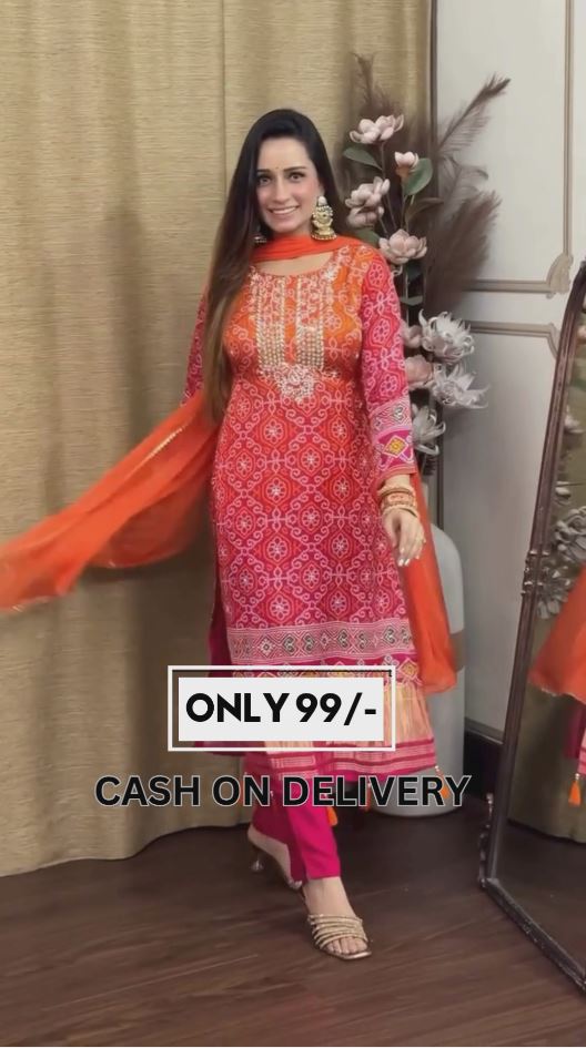 Women Orange & White Bandhani Print Sequined Kurta with Palazzos & Dupatta