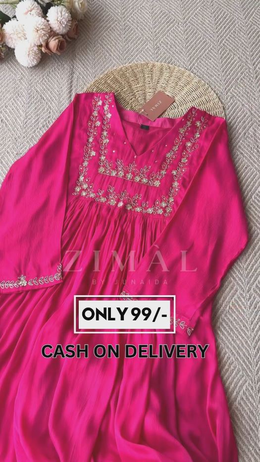 Women Fuchsia Yoke Design Pleated Mirror Work Kurta with Trousers