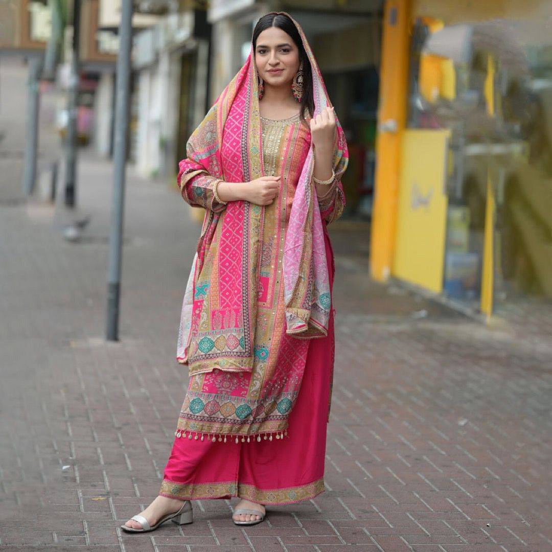 Shining Multi Print With  Mirror Work Pink Palazzo Suit