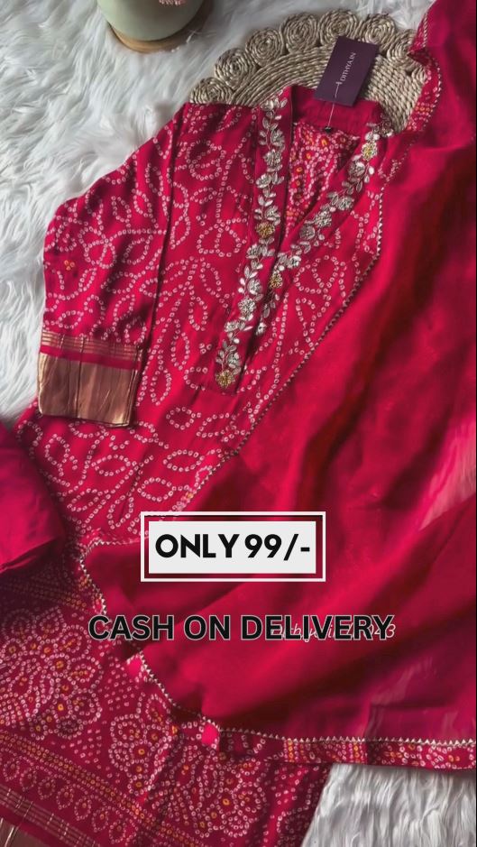 Women Cotton Pure Bandhez Red Kurta Pant and Dupatta set