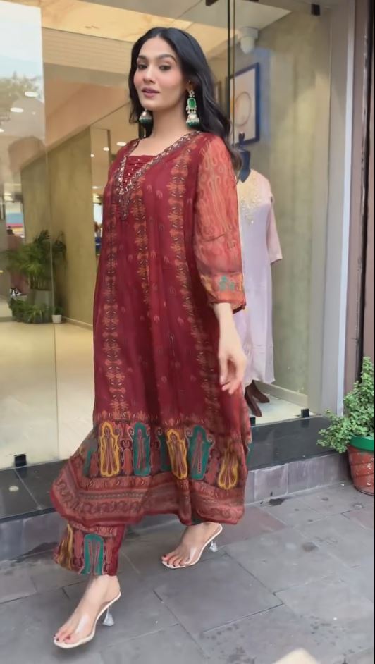 Brick red color digital print premium chiffon anarkali suit set