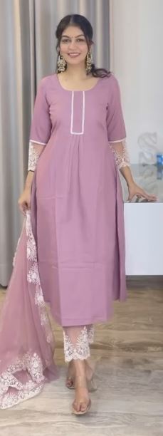 Floral Embroidered Thread Work A-Line Kurta With Trousers & Dupatta