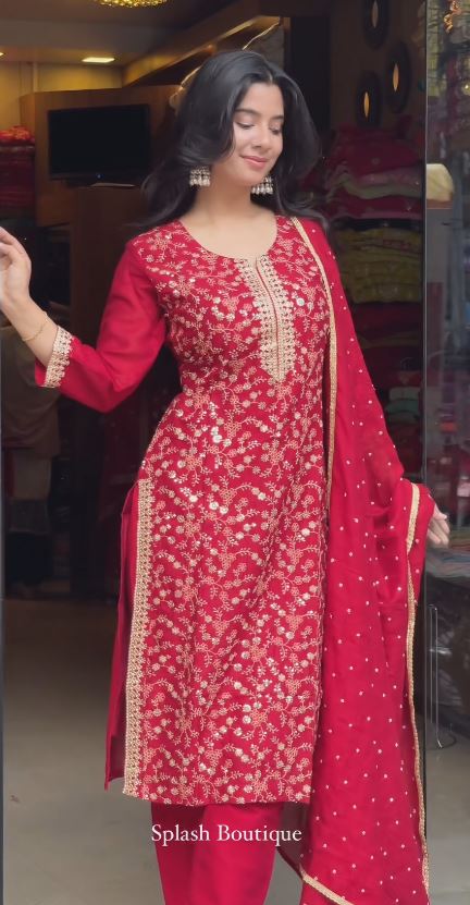 Regular Pure Silk Maroon  Muslin Embroidered Suit Kurta with Trouser & Dupatta