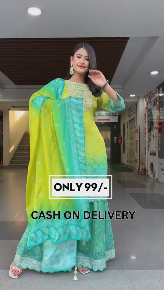 Green Bandani Fancy Front With Plazo & Dupatta