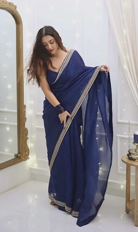 Blue Sequin Embroidered Heavy Georgette Saree Set