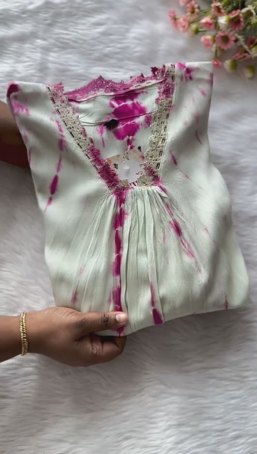 Pink and white pure shibori embroidery kurti top