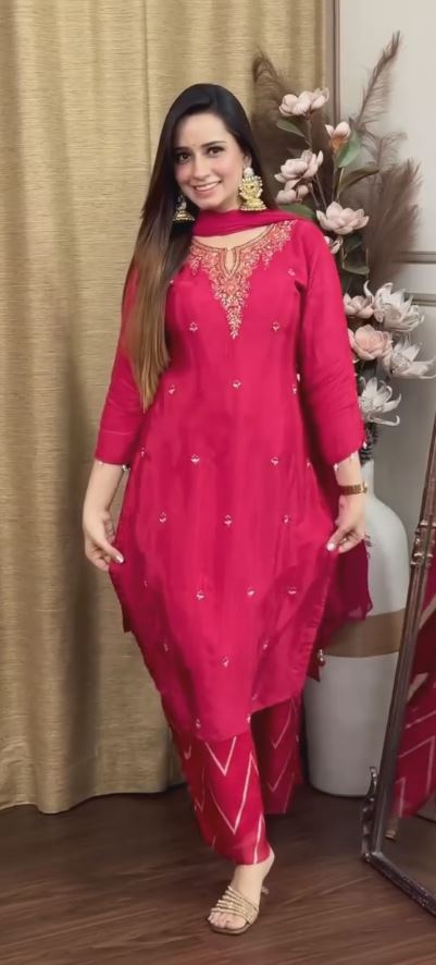 Embroidered Regular Thread Work Kurta with Trousers & With Dupatta