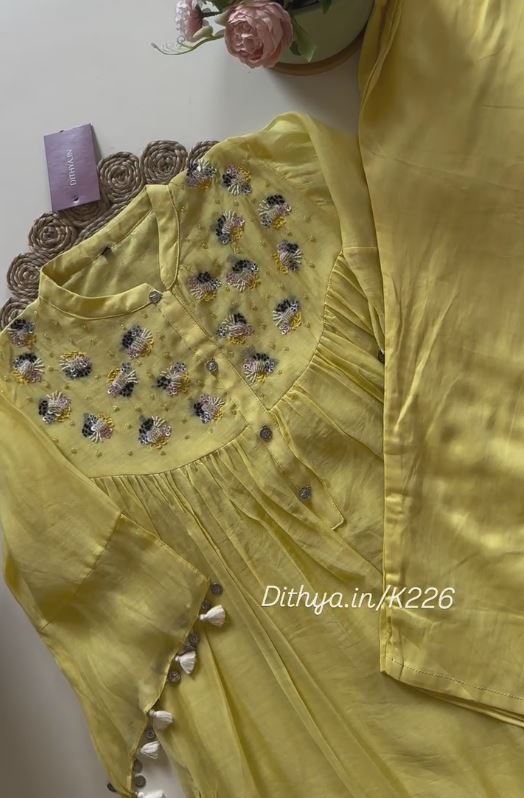 Lemon Yellow colour Embroidered  cotton suit Dress for women