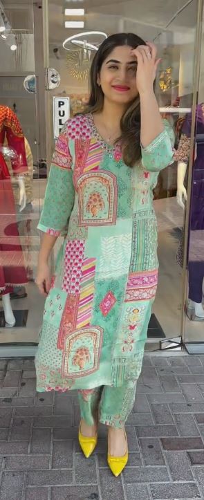 Green Ethnic Print Viscose Muslin A-Line Co-ord Set