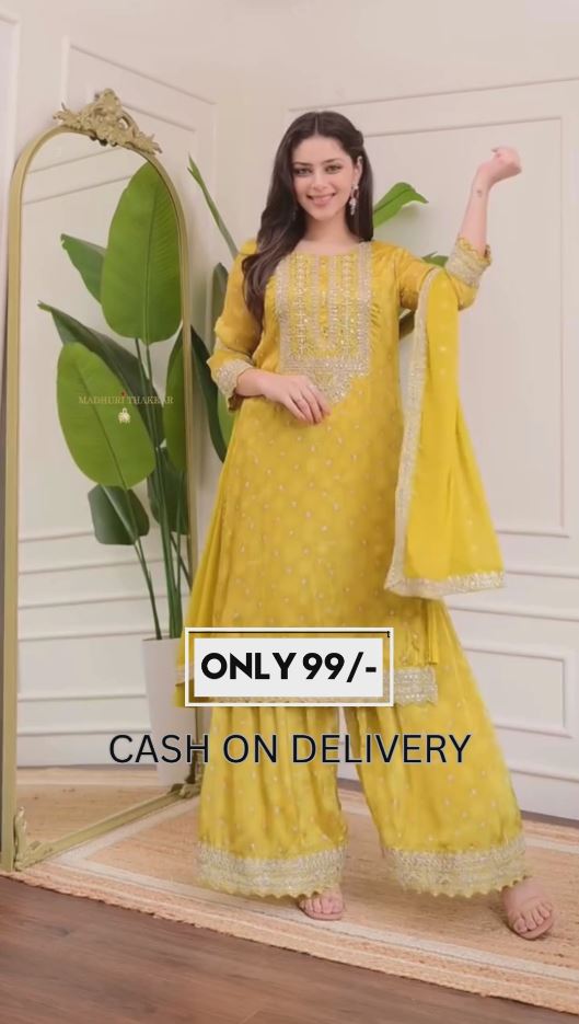 Yellow Handwork Premium Chinnon Sharara Set