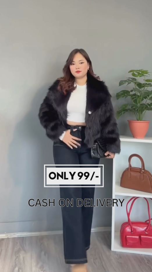 Women Black Solid Short Faux Fur Jacket