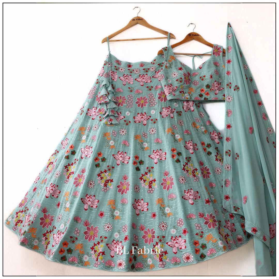 Green Floral Printed Georgette Kids Lehenga with One-shoulder Blouse